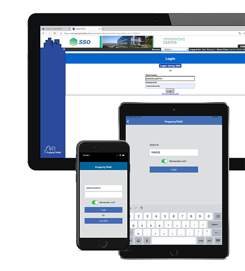 Screenshots of PropertyTRAK's CMMS single sign-on feature.
